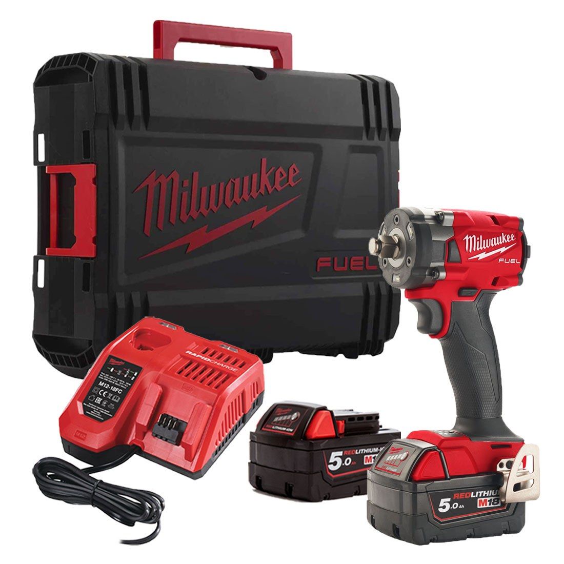 Milwaukee M18FIW2F12-502X M18 18V Fuel 1/2" Compact Impact Wrench & 2x 5.0Ah Batteries